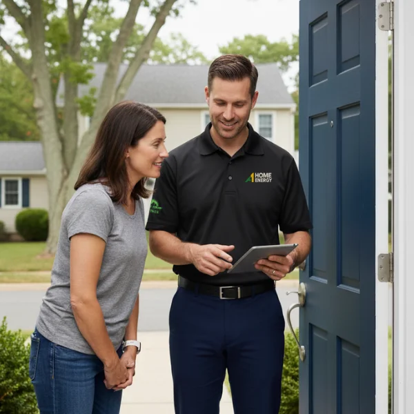 Home energy technician visiting a homeowner with a tablet